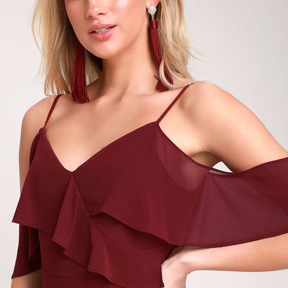 Lulus Caden Burgundy Off-Shoulder Ruffled Maxi Dress Size M - Picture 4 of 5